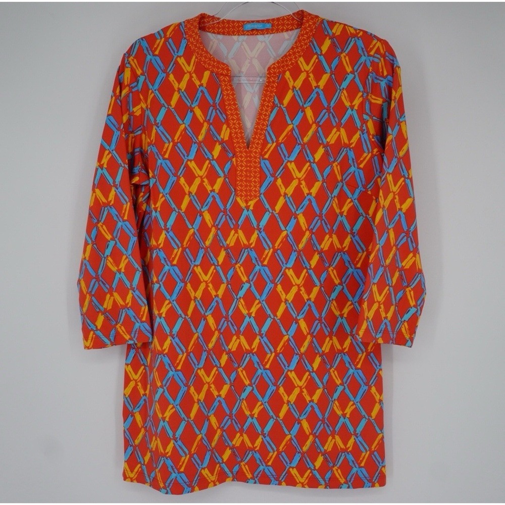 J McLaughlin Catalina Cloth Tunic Top Orange Blue Geometric Square M Artsy Beach